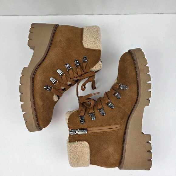 Blondo Waterproof Lace-Up Suede Ankle Boots W/ Faux Shearling Lining Tan Size 7 - Picture 4 of 15